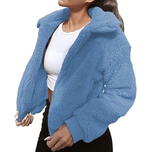 Chaqueta corta de piel sintética para mujer, abrigo informal de pelo largo con bolsillos, abrigo cálido invierno con cremallera y esponjoso.