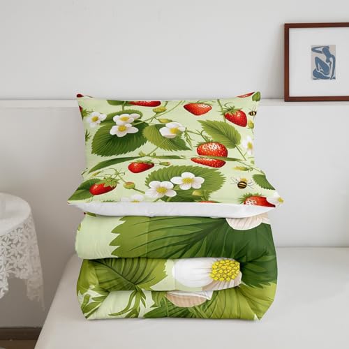 Image of Feelyou Strawberry with Floral Comforter Fruit Comforter Set for Kids Girls Botanical Flora Leaves Bedding Set Soft Quilt 1 Comforter Set with 1 Pillowcase Twin Size Boys