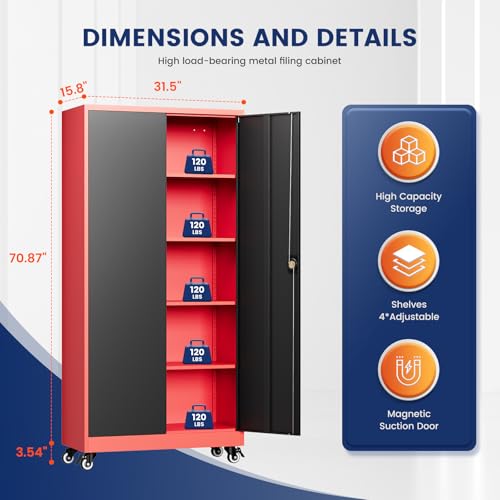 Image of Yizosh Metal Garage Storage Cabinet with Locking Doors and Adjustable Shelves,- 75 inch Rolling Steel Tool Cabinet for Home Office,Garage,Warehouse