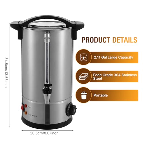 Image of 120Cup Electric Hot Water Dispenser, 2 Gal Stainless Steel Commercial Water Boiler and Warmer, 950W Temp Adjustable Tabletop Tea Coffee Urn for Parties (2Gal Silver)