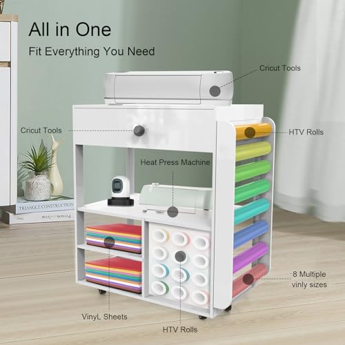 Image of Craft Cart and Organizer Table, Rolling Craft Organizers and Storage with Vinyl Roll Holder, Mobile Crafting Cabinet Workstation, Storage Cart Compatible with Cricut Machine for Craft Room