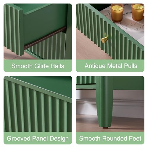 Image of Fluted Nightstand with Charging Station Set of 2, 21 inch Wide Modern Bedside Table with 2 Drawers & Open Shelf, Wood End Table with Storage & Metal Handle for Bedroom, Small Spaces, Green