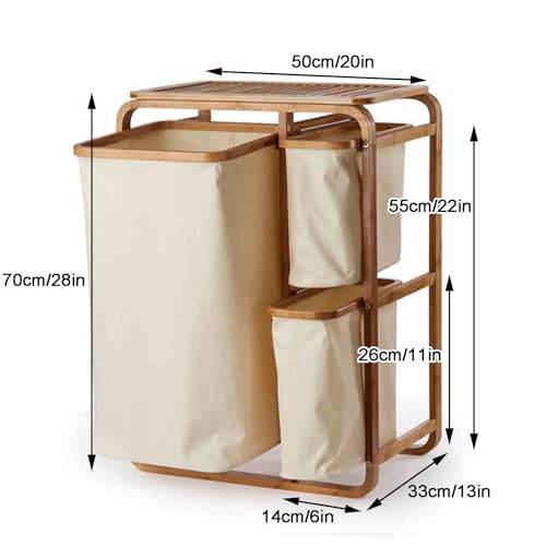 Cesto portabiancheria in bambù con 3 scomparti scorrevoli, struttura in legno resistente, cesto pieghevole per camera da letto e bagno, grigio e bianco