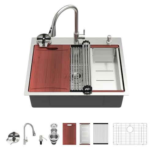 Image of Kichae 28 Drop In Kitchen Sink with Faucet - Stainless Steel Sinks 28 x 22 Workstation Sink Topmount Overmount Single Bowl Handmade Basin All Accessories Included