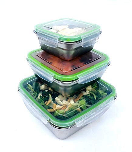 Jacebox Stainless Steel Containers - Adults Kids Square Set Of 3 Leak Proof Bento Box Airtight Freezer Safe Bpa Free Metal Boxes New Snap On Latch Lids For Sandwiches Salads & Snacks By Jacebox #TOP6