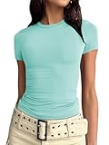 Cuptacc Camiseta Mujer Manga Corta Estilo Top Ajustado Casual Azul Cielo Tendencias Verano 2026 Talla XS 32-34