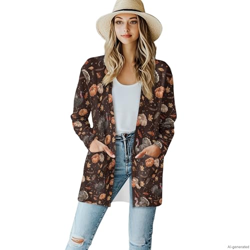 Image of Fall Maple Leaf Cardigan Sweaters for Women Long Sleeve Cardigan Soft Drape Open Front Dusters V-Neck Jackets Dressy