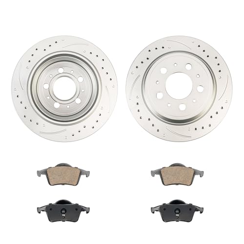 Image of KAX Rear Brake Kit, Drilled and Slotted Brake Rotors, Ceramic Brake Pads | Fits Volvo S60 2001-2009, Volvo XC70 2003-2007, Volvo V70 2001-2007, Volvo S80 1999-2006, Automotive Replacement Brake Kit