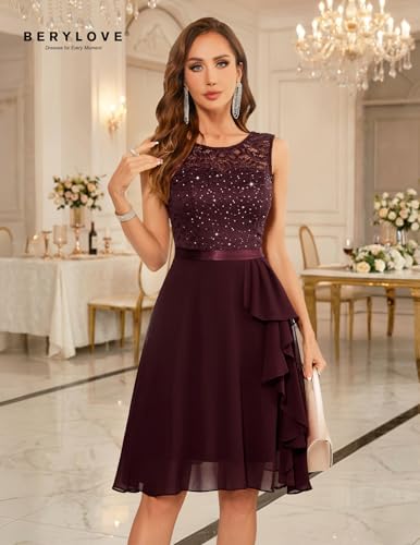 Image of BeryLove Womens Boat Neck A Line Sleeveless Lace Formal Homecoming Dress | Short Dress With Ruffle Hem, Sparkly Design Ideal For Wedding Guest,Bridesmaid Cocktail Prom & Evening Party Events