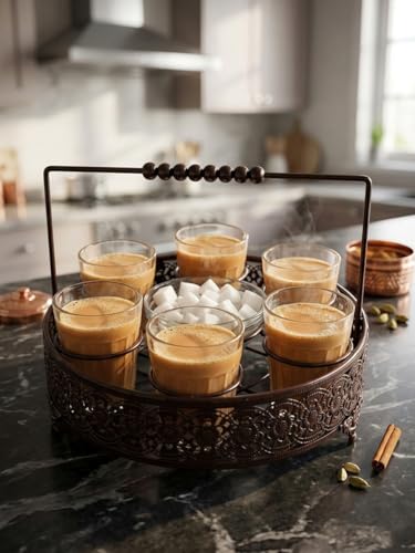 Image of Chai Metal Stand with Glass Tumblers and Sugar Bowl - Tea, Coffee & Lassi Serving Set, Glasses with Holder for Home, Kitchen, Cafe & Dining