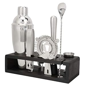 Bartender Kit Bar Set met Houten Stand, 10-Delige Cocktailshaker Set Bartending Kit Bar Gereedschap Set met Jigger Bar…