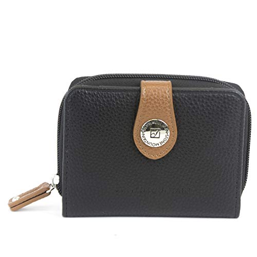 Small Zip Around Leather Wallet, Black/Tan