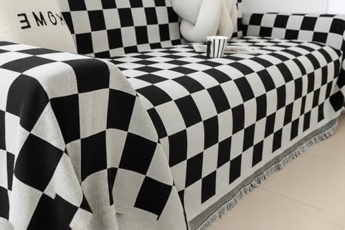 Image of The Furnishing Tree 3 Seater Reversible Chenille Sofa Cover, Double-Sided Luxury Throw, Anti-Slip Couch Cover, Soft & Comfortable Sofa Towel for All Seasons, Checkerboard
