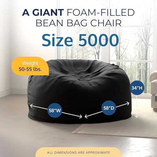 Image of ULTIMATE SACK 5000 5-Foot Bean Bag Chair with Footstool, Black Suede Cover - Oversized Foam Lounger, Floor Seat, Small Sofa, or Couch Bed for Living Area, Gaming Room, or Reading Lounge