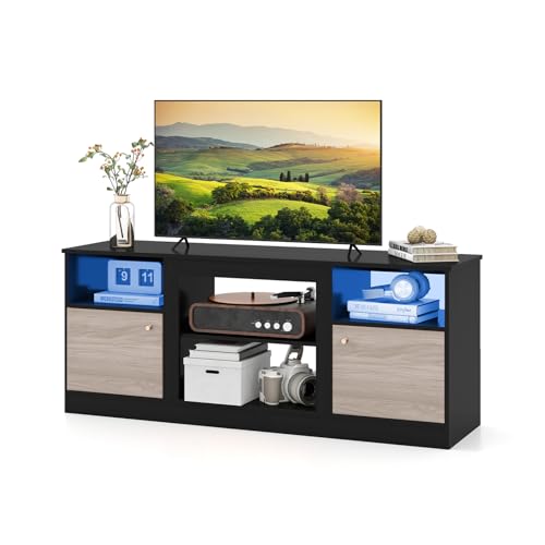GYMAX Mueble para TV con Luces LED, Soporte de TV de 65 Pulgadas con Estante Ajustable y Compartimento Abierto para Chimenea, Mesa de Televisor con Almacenaje para Salón Dormitorio, 147 x 40 x 60 cm