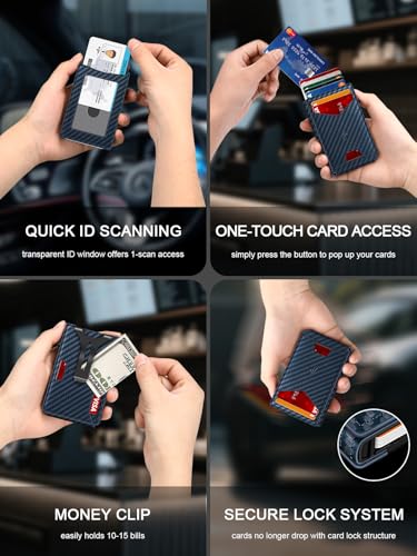 Image of Wallet for Men, Slim Minimalist Wallet with Money Clip&ID Window, RFID Blocking Pop-Up Credit Card Holder, Smart Auminum Mens Wallet Holds 9-13 Cards (Gift Box) (Blue Carbon Fiber)