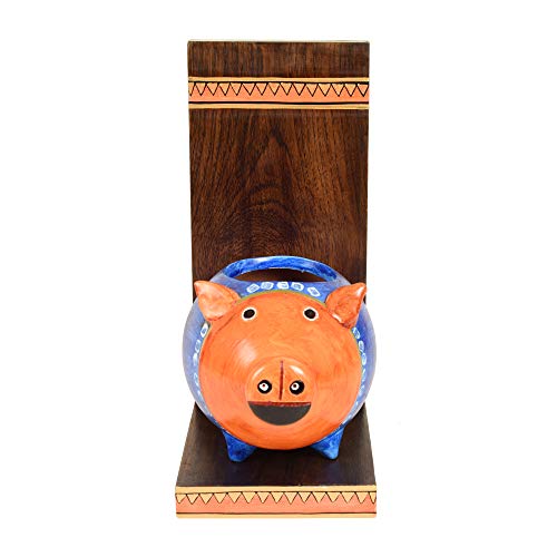 Image of AAKRITI ART CREATIONS Piggy Wall Decor Shelf with Earthen Planter | Handmade Wooden Wall Hanging Shelf with Terracotta Planter | Matte Finish Decorative Wall Art for Living Room, Balcony & Gifting