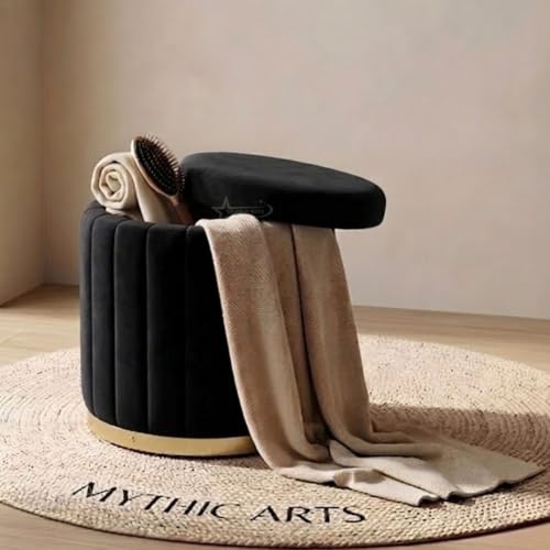 Image of Superior Round Storage Ottoman Stool 16 X 16X 19 inch, with Gold Metal Base | Elegant Pouffe with Secret Storage | Cushioned Footrest for Living Room, Bedroom, and Lounge Black