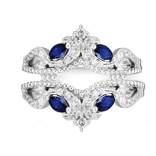 Created Real 925 Sterling Silver 14K White Gold Finish Round & Marquise Cut White & Blue Sapphire Band Enhancer Guard Engagement Gift For Women