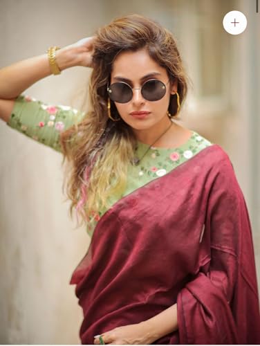 Image of Designer Cotton Saree with Floral Print Blouse, Maroon and Mint Green, Tasseled