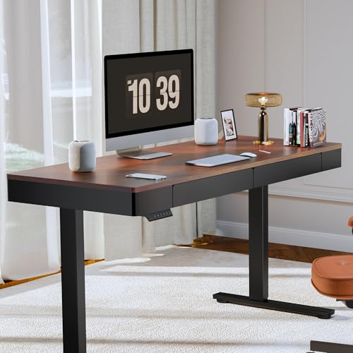 Image of FLEXISPOT Standing Desk with Drawer, 55 x 24 Inch Whole Piece Electric Adjustable Height Stand Up Computer Workstation for Home, Office, Dark Walnut