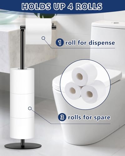 Toilet Paper Holder Stand, Bathroom Toilet Paper Stand with Shelf, Free Standing Toilet Paper Roll Storage Holder for 4 Rolls, Black, Naturous - Thumbnail 2