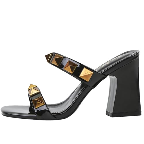 Women's pu Rivets Two Strap Chunky heel slides Sandals Summer Comfortable Square Open Toe Slip On Low Block heel Fashion Slippers for Casual Vacation Party