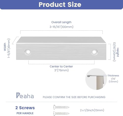 Image of Peaha 25 Pack Kitchen Cabinet Handles 3 inch Brushed Nickel Cabinet Pulls | Edge Finger Pulls for Cabinets Silver Drawer Pulls Modern Hidden Aluminum Alloy Dresser Drawer Handles Closet Bedroom