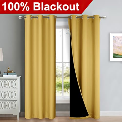 Image of NICETOWN Blackout Curtains 80 inches Long, Full Light Blocking Drapes with Black Liner for Nursery, Thermal Insulated Draperies for Hall, Villa (Bright Yellow, 2 Pieces, 42 inch Wide Each Panel)