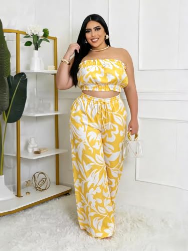 Image of Two Piece Sets for Women Summer Outfits Crop Tops and Wide Leg Pants Sets Sexy Jumpsuits Vacation Outfits with Pockets