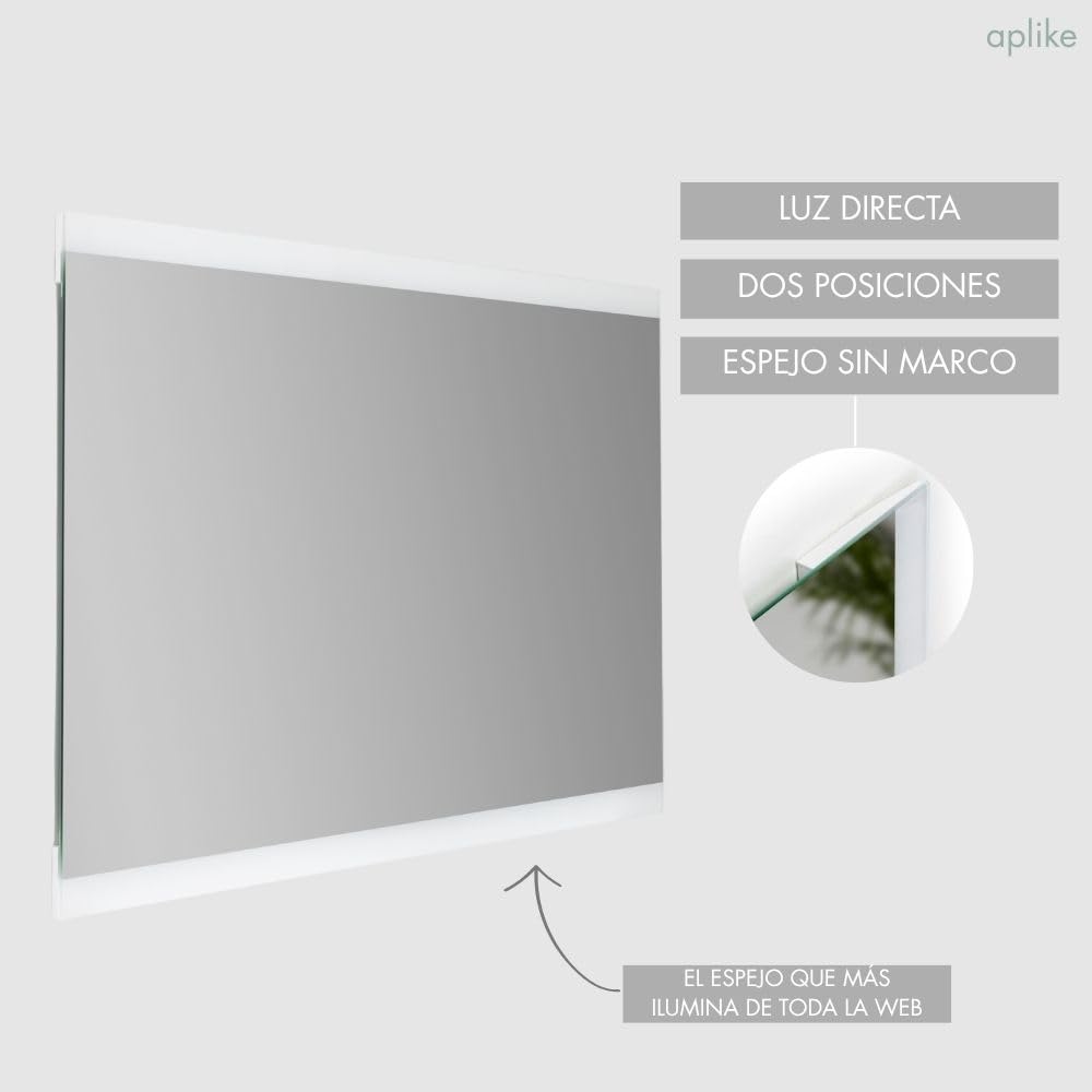 Aplike - Espejo de Baño Rectangular con 2 Tiras de Luz LED - 2 Posiciones (Horizontal y Vertical) - Luz Blanca Fría (5700K) - 80 x 60cm | Modelo Praga