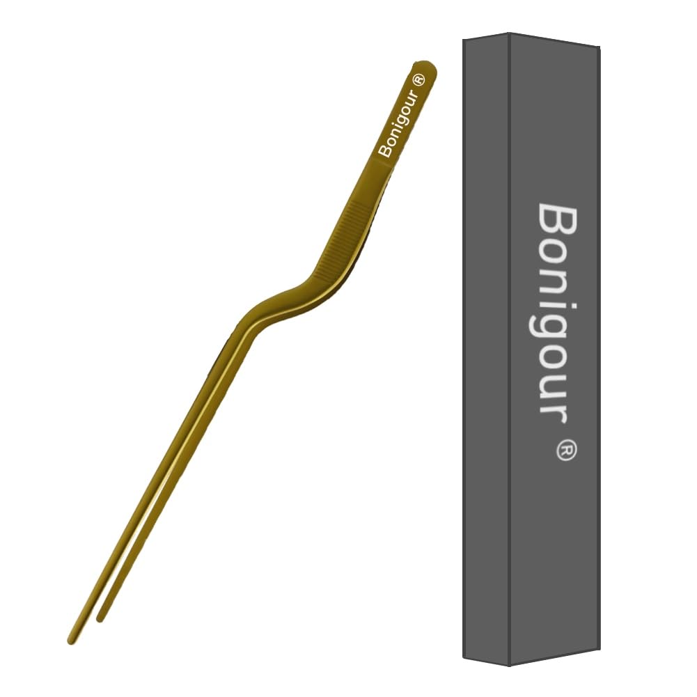 Bonigour 8 Inch Precision Offset Tweezers, Kitchen Culinary Stainless Steel Tongs, Curved Kitchen Cooking Multi-Function Chef Precision Tweezer Tongs for Plating, Food Decorating and ect (Gold)