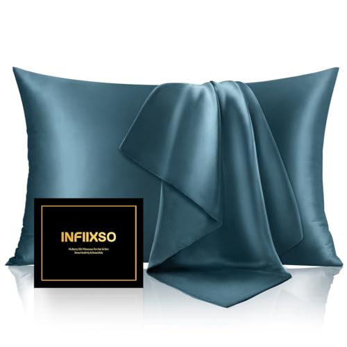 Image of INFIIXSO Silk Pillow Cases 2 Pack Standard Size, Ultra Smooth & Soft Mulberry Silk Pillow Case for Hair and Skin, Breathable Cooling Silk Pillowcase with Hidden Zipper (Bluesteel, 20x26 Inches)