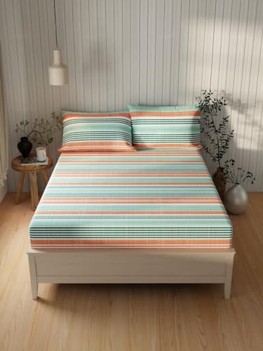 Image of KOPA Extra Smooth Cotton Double Bedsheet with 2 Pillow Covers -3pc Set (Lopez) | Extra Smooth Cotton | 1 Double Bedsheet with 2 King Size Pillow Covers Stripe-red /Green