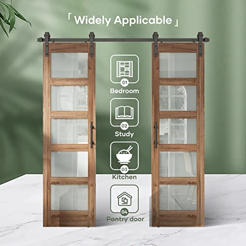 Image of FREDBECK 56 x 84 inch Frosted Glass Barn Door with Hardware,5-Panel,Brown