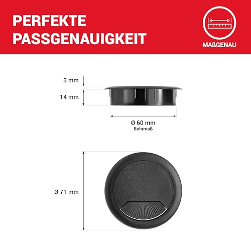 LouMaxx Kabeldurchführung Schreibtisch schwarz – 2er Set Kabeldurchlass 60mm Ø - Tisch Kabel Durchführungen aus stabilem Kunststoff - passgenaue Kabellochabdeckung mit stabiler Tisch Kabeldurchführung