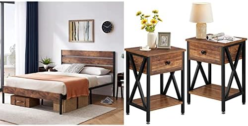 VECELO Platform Queen Bed Frame with Rustic Vintage Wood Headboard, Mattress Foundation, Strong Metal Slats Support & Nightstands Set of 2, Modern Bedside End Tables, Night Stands