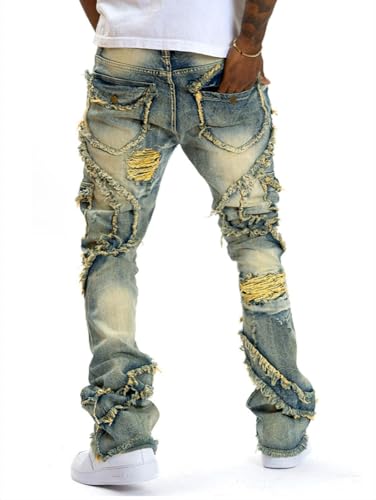 Jeans Pants Trouser Denim Retro Piercing Tear Street Trendy Water Washed Tassel Elastic Micro Horn Holes for Men3