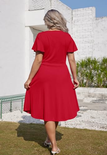 Image of Women's Plus Size Summer Dresses V Neck Ruffle Short Sleeve Casual Wrap A Line Midi Dress with Pockets