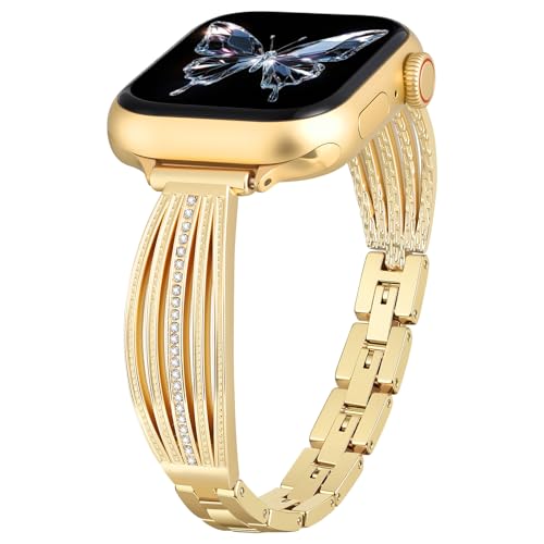 Image of AIRSPO Slim Gold Band Compatible with Apple Watch 38mm 40mm 41mm 42mm 44mm 45mm 46mm Women Thin Metal Strap Dressy Jewelry Bracelet with Bling Diamond for iWatch Bands Series 11 10 9 8 7 6 5 4 3 SE (Gold-02, 38mm /40mm /41mm /42mm(Series 10))