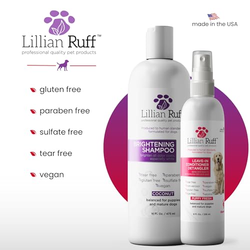 Image of Lillian Ruff PRO Formula Ultra Brightening Dog Shampoo & Leave-in Conditioner Detangler Set - Professional Whitening, Stain Removal, Dematting, Detangling & Odor Control with Aloe & Provitamin B5