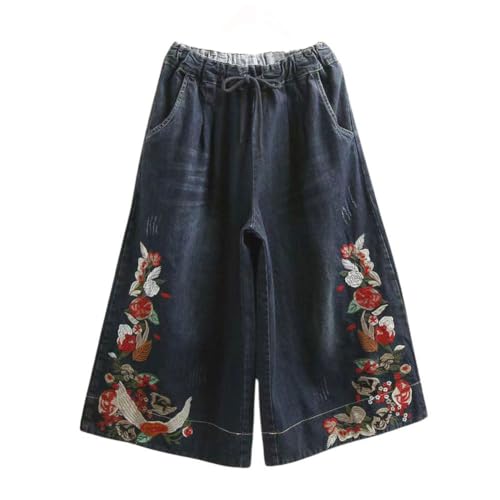 chouyatou Women's Y2k Baggy Wide Leg Cropped Jeans Flower Embroidered Elastic Waist Capri Denim Pants Culottes