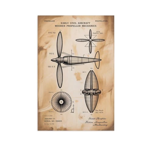 Early Aviation Blueprint Wall Decor Highlighting Propeller Era Civil Aircraft Wooden Propeller Engineering Canvas Poster Unframe-style 16x24inch(40x60cm)