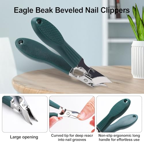 Image of Eagle Beak Nail Clippers for Ingrown & Thick Nails - Beveled /Slanted /Angled Blades, Long Handle Wide Jaw, Anti-Splash Ultra Sharp Stainless Steel Edge 3-Piece Set for Men /Women (Green)