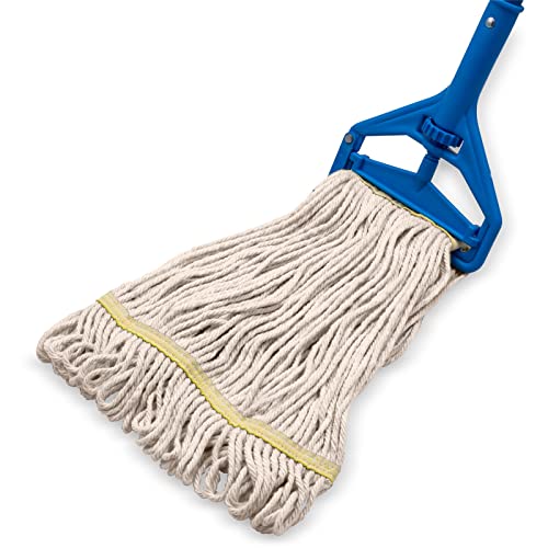Image of SPARTA Flo-Pac Acrylic Mop Head, Loop-Ended, Narrow Band with 1 inch Yellow Band for Organized Cleaning, Small, Natural (Pack of 3)