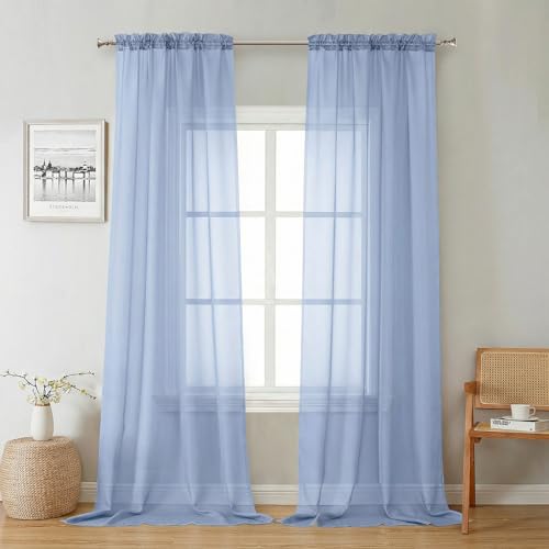 Lecloud Denim Blue Sheer Curtains 96 Inches Long 2 Panels, Rod Pocket Light Filtering Window Curtains for Living Room Bedroom Dining Room, Voile Airy Elegant Balcony Drapes, Each Panel 42" W x 96" L
