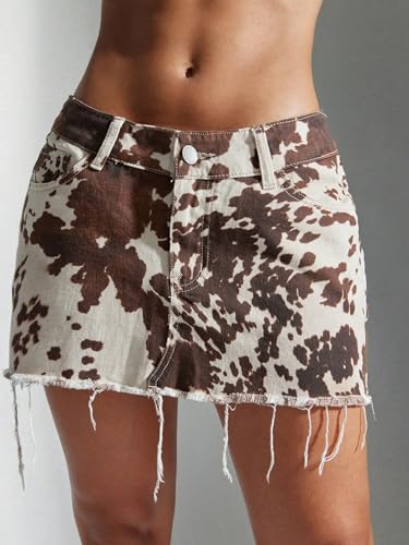 Milumia Women's Cow Print Raw Hem Denim Skirt Y2k Low Waist Summer Festival Mini Skirts4