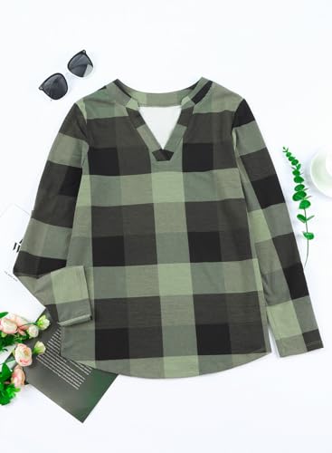 Image of Dokotoo Womens Tops Plaid Cotton Cuffed 3 /4 Sleeve Shirts Blouses
