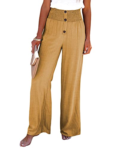 utcoco Womens Casual Cotton Linen High Waist Button Wide Leg Palazzo Pants