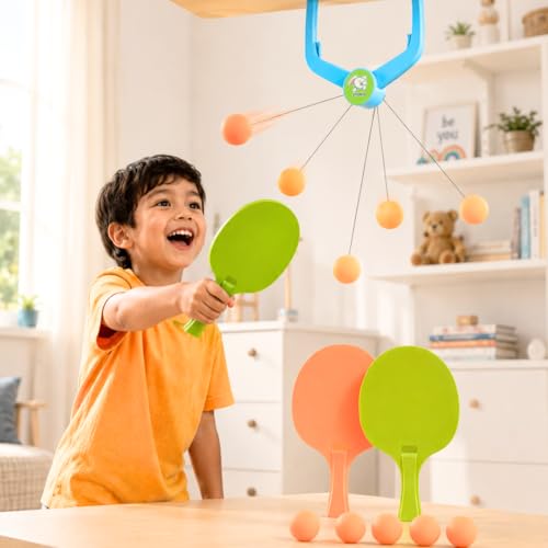 Image of Storio Hanging Table Tennis Trainer, Door Mounted Ping Pong Training Set with 2 Rackets and 5 Balls, Indoor Reflex Training Toy for Boys and Girls Age 5-14 Years